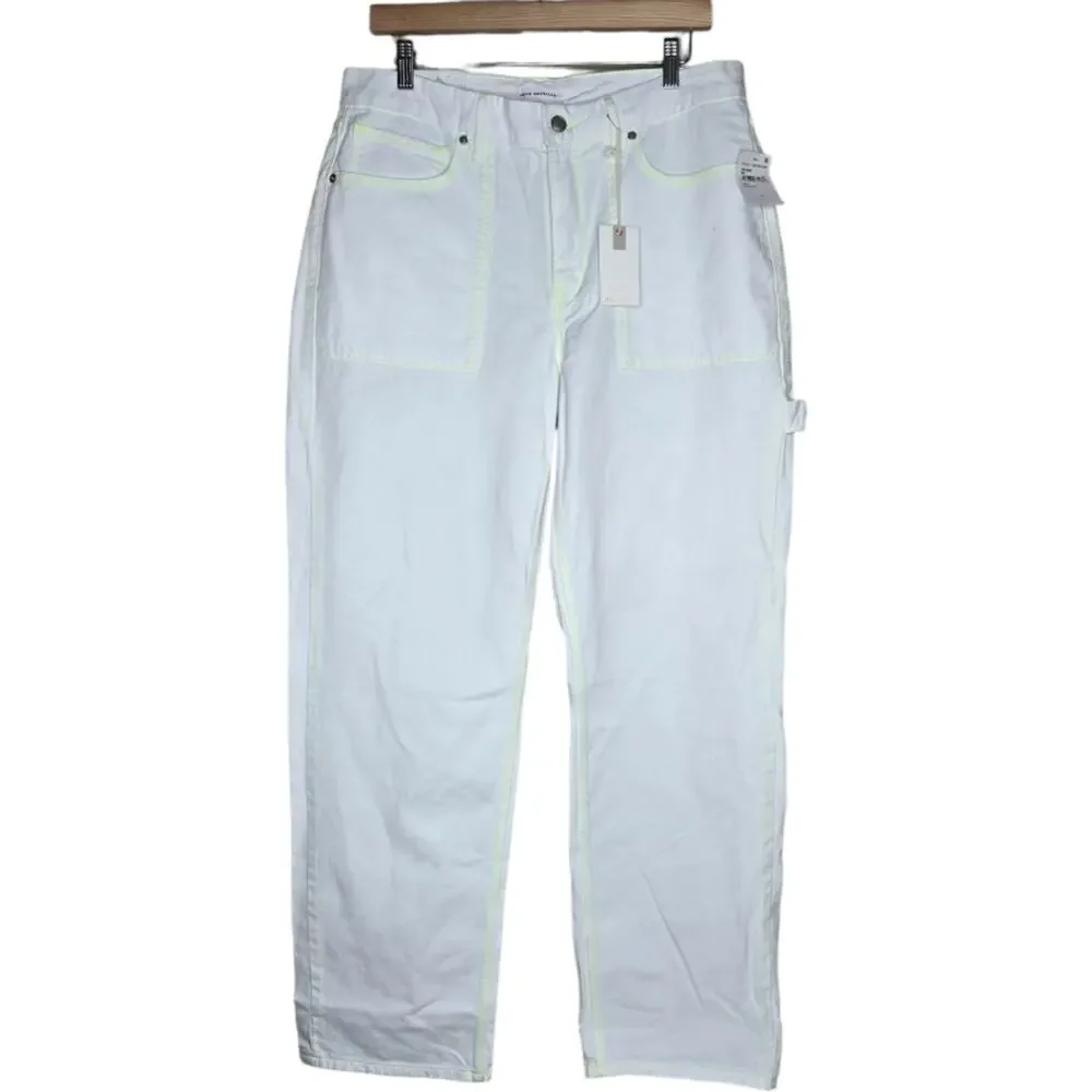 NWT Good American Good 90s Loose Fit‎ Carpenter Jeans White w/ Lime Stitching 12